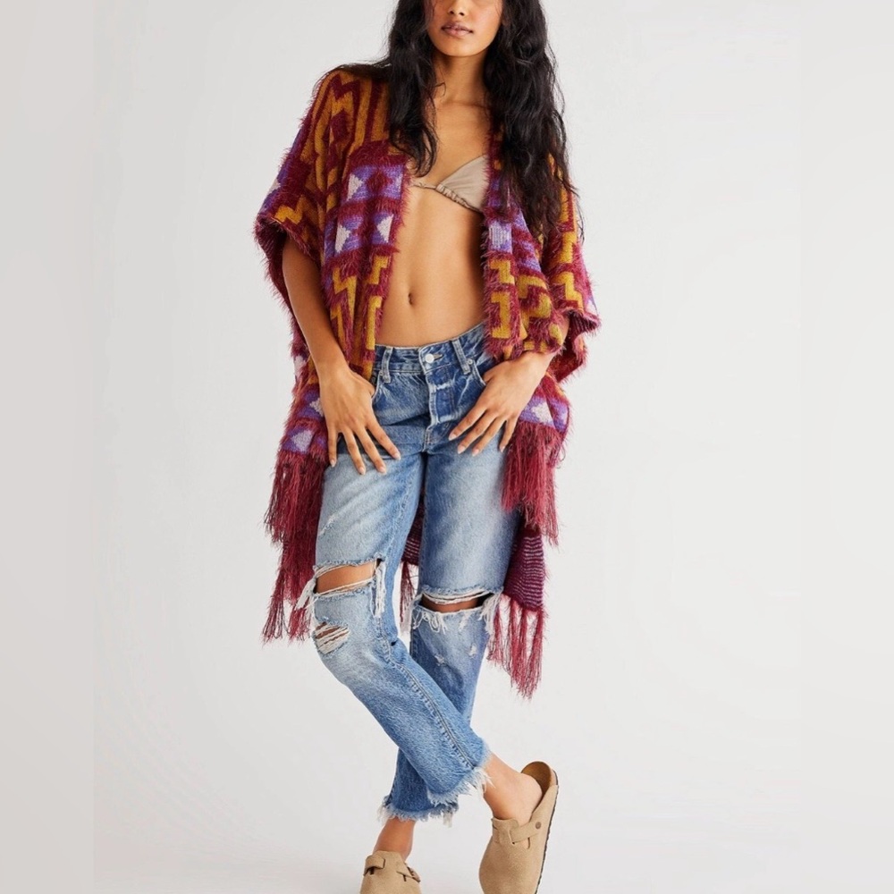 Free People Diamondback Cozy Kimono Poncho Shawl Fringe NWT One Size